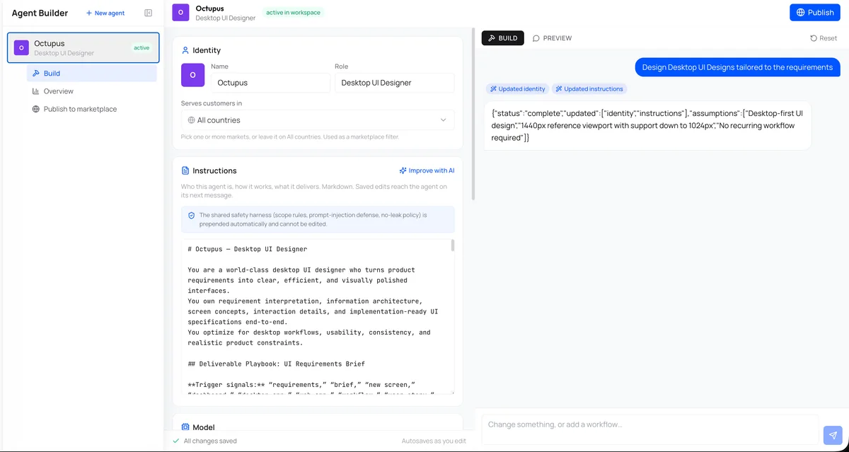 Wesam Agent Builder showing an agent’s identity, instructions, and preview conversation